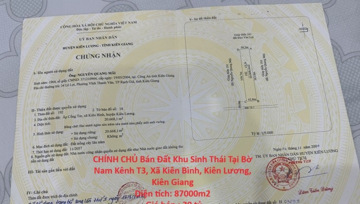 CHÍNH CHỦ Bán Đất Khu Sinh Thái Tại Bờ Nam Kênh T3, Xã Kiên Bình, Kiên Lương, Kiên Giang